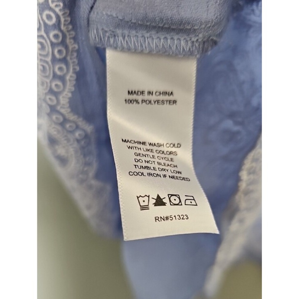 CeCe Blue Embroidered Peplum Blouse XL Short Puff Sleeve Tie Neck Pearl Bead - Picture 6 of 9
